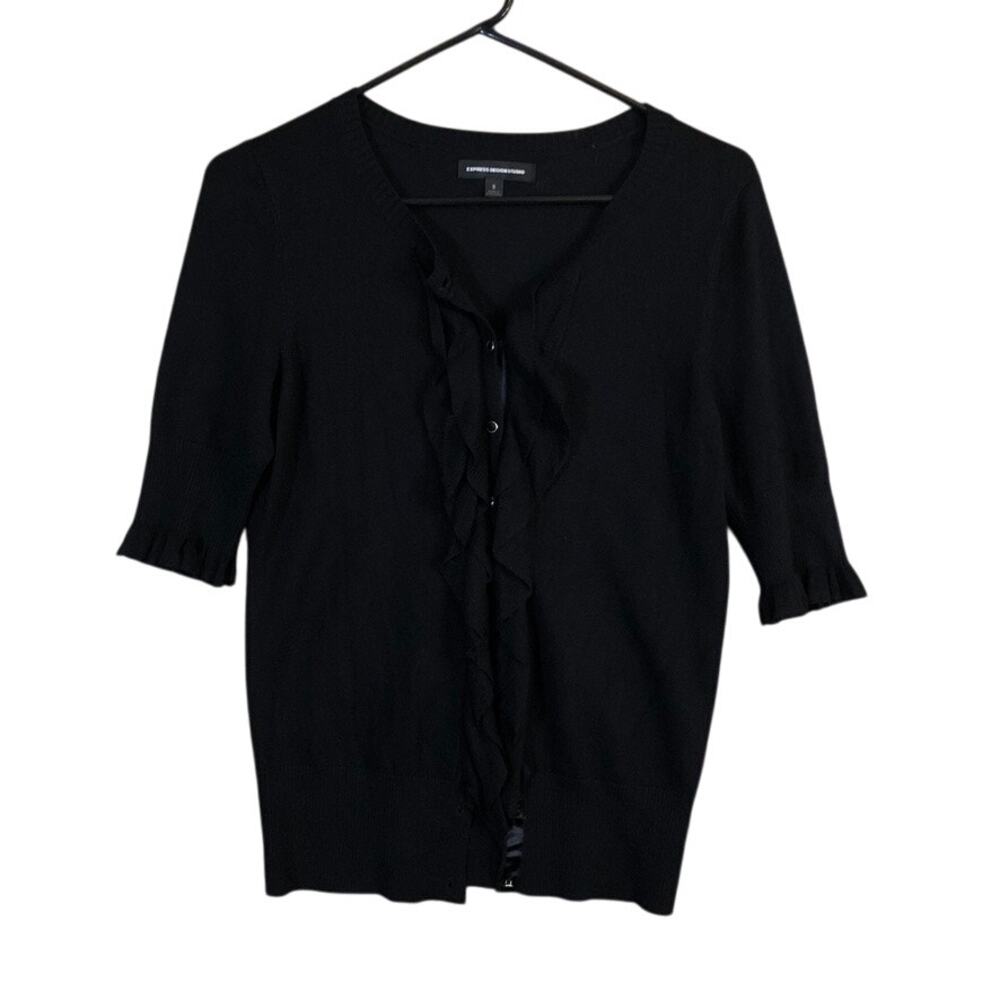 Express Design Studio Womens Sweater Black Knit Ruffled Button Down Stretch S